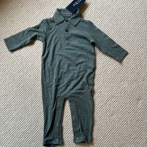 NWT Me & Henry boys “Kingston polo romper” in blue stripe, 12-18 month.